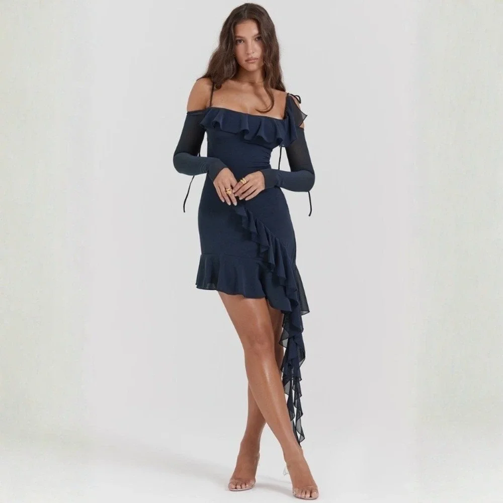 house of cb blue ruffle dress Clothing: Maxi Dress: 'Gabbi' Ice Blue Mesh Ruffled Front Gown